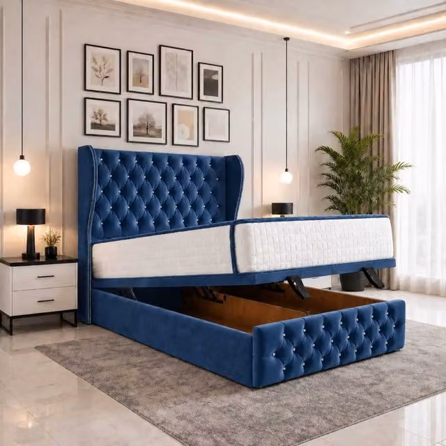 Luvessa Modern Navy Blue Velvet Upholstered Ottoman Storage Bed with Wingback Headboard