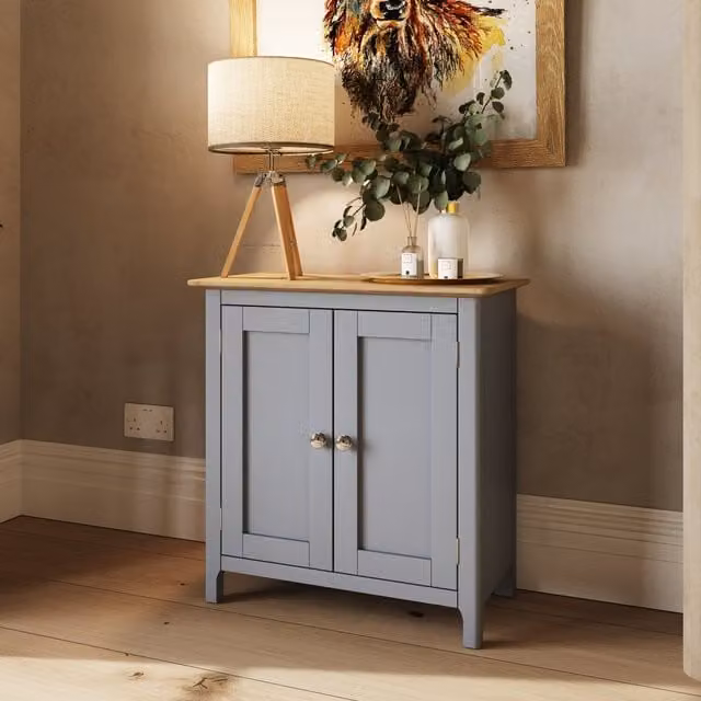 FWStyle Oak 2 Door Compact Sideboard in Dove Grey with Metal Knob Handles