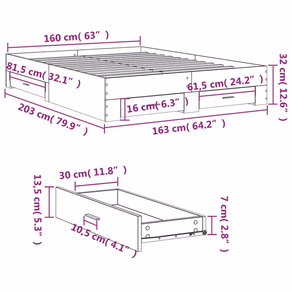 Berkfield Home Bed Frame with Drawers, Concrete Grey, W/D/H: 160 x 200 cm – 3