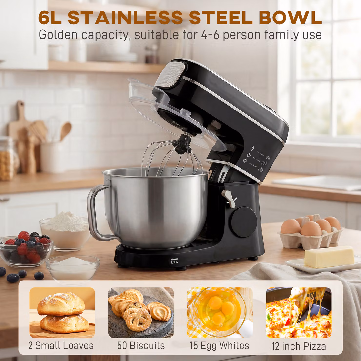 HOMCOM Black Tilt-Head Stand Mixer with 6L Capacity, 1400W Power, 11 Speeds, Pulse and Fermentation Functions and LED Display – 4