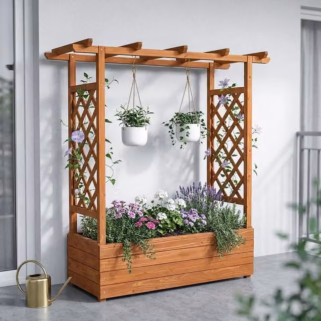 Breeins Wooden Raised Garden Bed with Trellis Frame and Overhead Slats in Brown