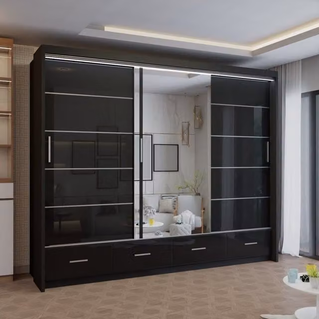 Sliding Wardrobes 4U Modern High Gloss Sliding Wardrobe with Integrated LED Lighting, Black, W: 255 cm, H: 220 cm