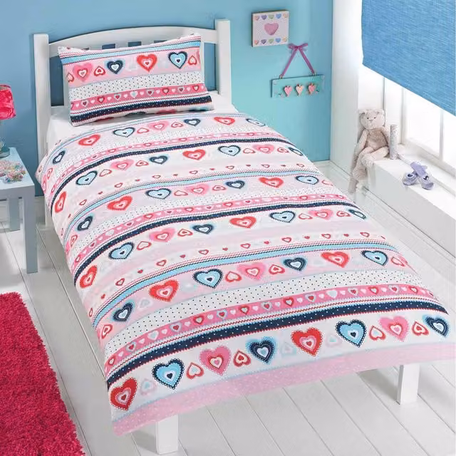 Rapport Home Sally Heart Polycotton Duvet Set and Pillowcase in Multicolour Pink Graphic Design for Children