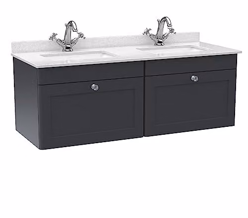 nuie Classique Wall Hung 2 Drawer Unit and 1 Tap Hole Marble Worktop with Square Basin, Satin Anthracite/White/Soft Black, W: 120 cm – 1