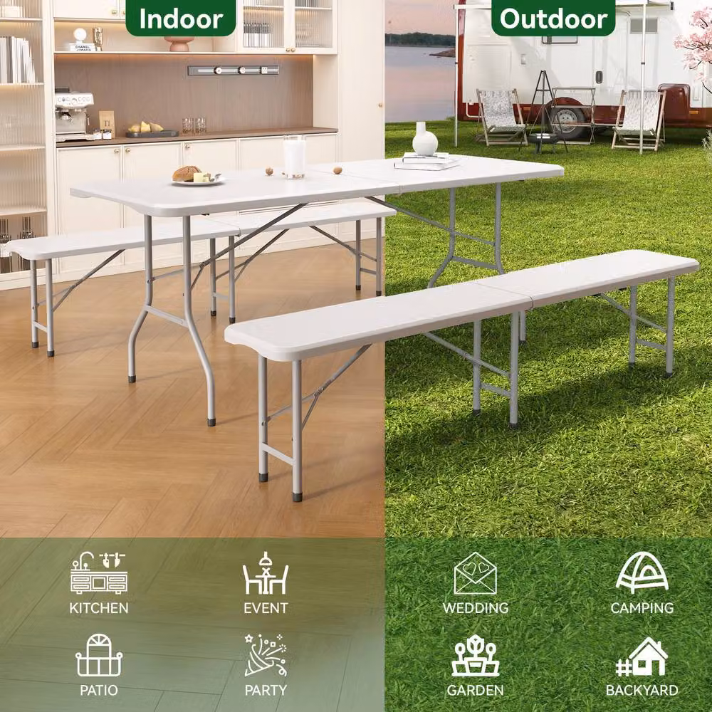 MCC Direct 6ft Folding Table and Benches Set in White – 2