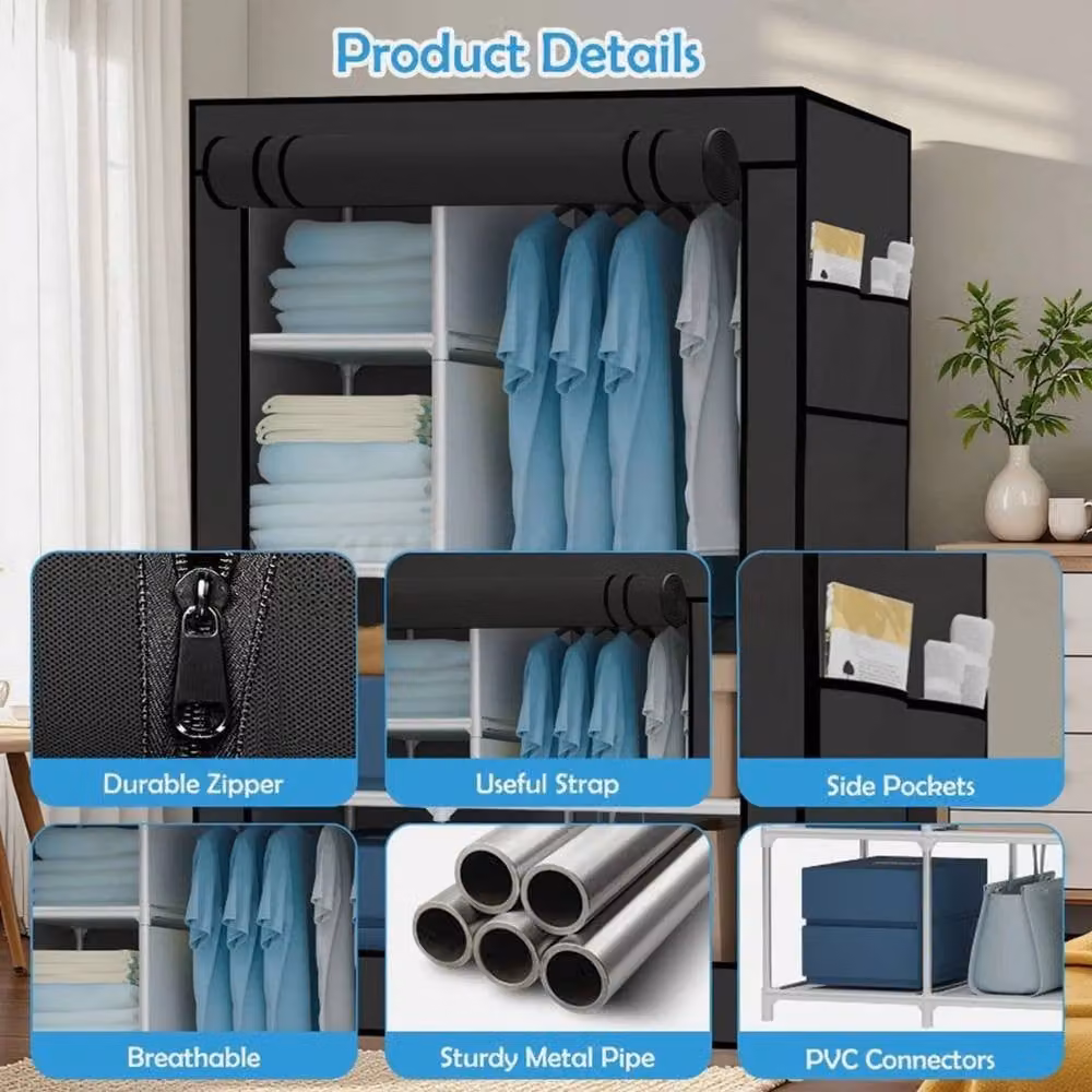 EONLION Black Freestanding Wardrobe with Hanging Rail, Internal Shelves and Trouser Rack – 5