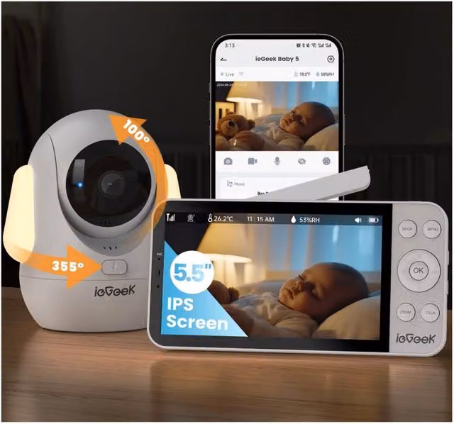 iegeek White 2.5K Baby Monitor with 5.5 inch Screen, 360 degree PTZ, Face and Cry Detection, Night Vision and Temperature Display