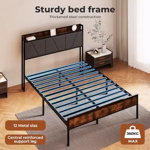 Levede Rustic Brown Upholstered Bed Frame with Side Compartments and Bedside Shelf, W/D/H: 140 x 200 cm – 5