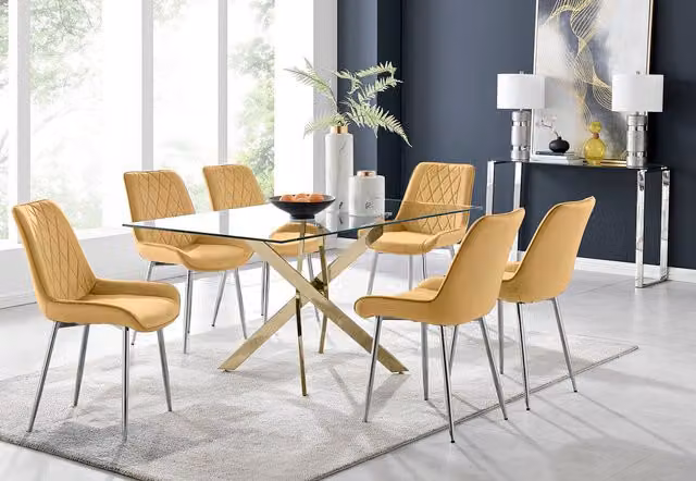 FurnitureboxUK Leonardo Gold Dining Table with Six Pesaro Silver Leg Chairs, Mustard and Transparent Glass, W/D/H: 150 x 90 x 75 cm