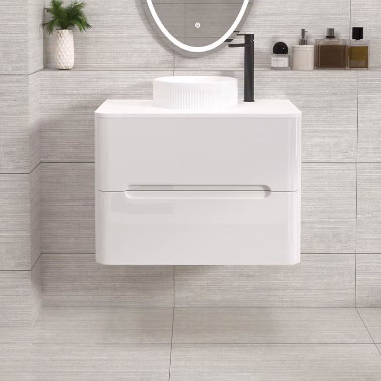 Royal Bathrooms Venice 700mm Gloss White Wall Hung Vanity Unit with 2 Drawers, Plain White Worktop and Round Basin