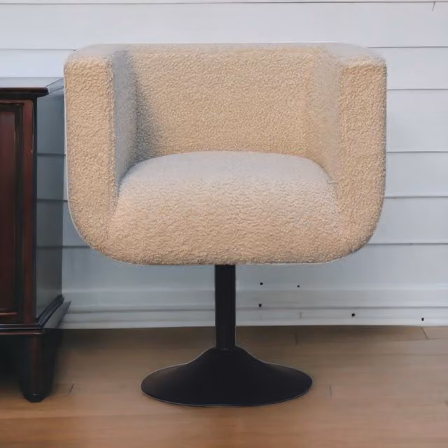 Artisan Furniture Modern Tub Swivel Chair with Armrests in White and Beige Bouclé with Solid Wood Frame