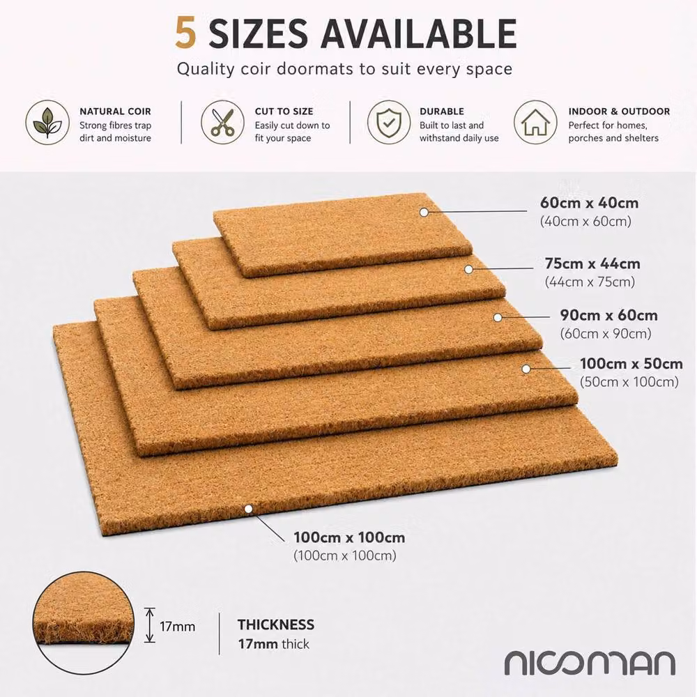 Nicoman Natural Coconut Coir Plain Rectangular Door Mat in Brown, W: 60 cm, D: 40 cm, H: 1.7 cm – 2