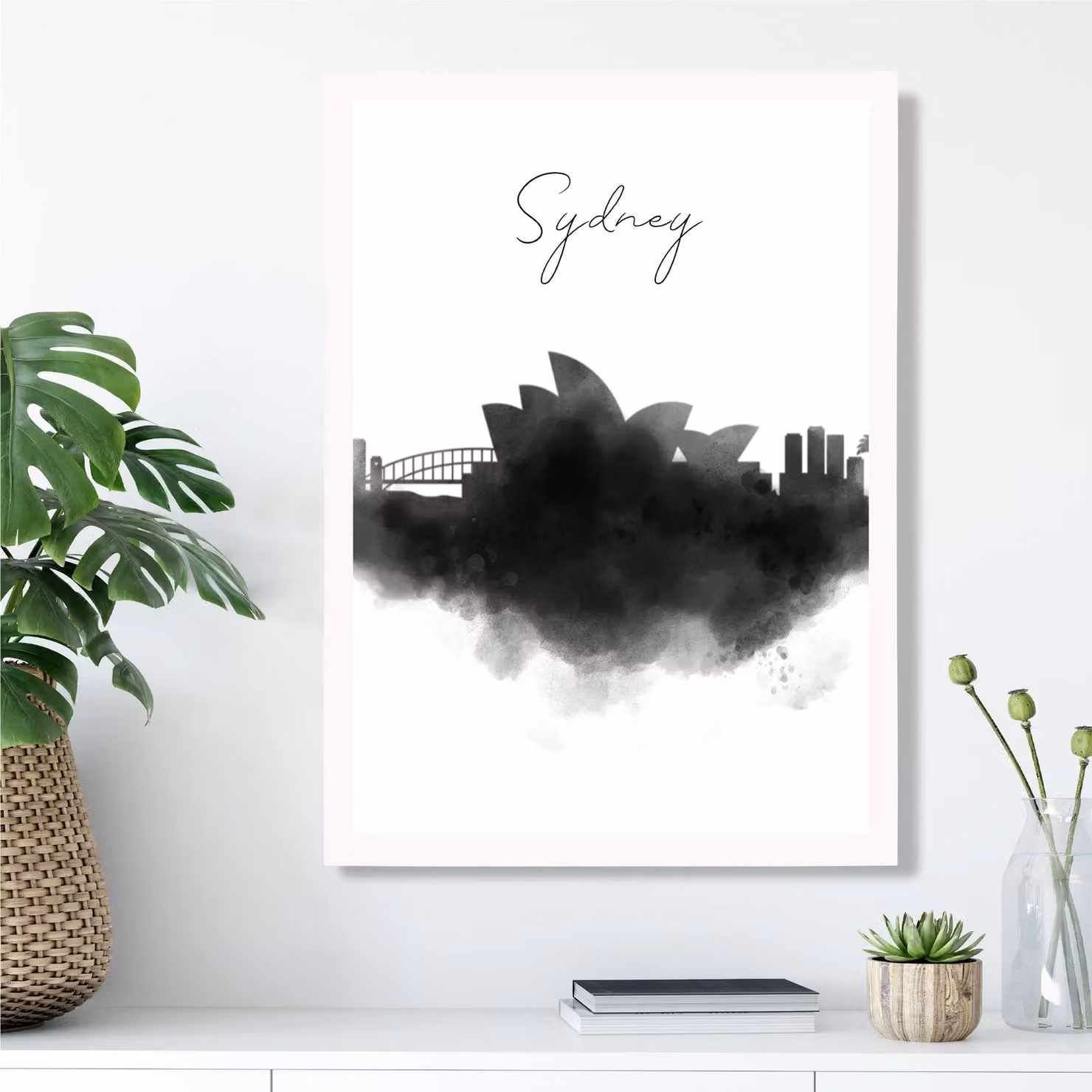 ARTZE Sydney Watercolour Skyline City Framed Print, Black and White, A4 – 2