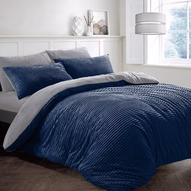 VELOSSO Reversible Navy Blue Plush Ribbed Corduroy and Teddy Soft Fleece Duvet Set, King Size (180 x 200 cm)