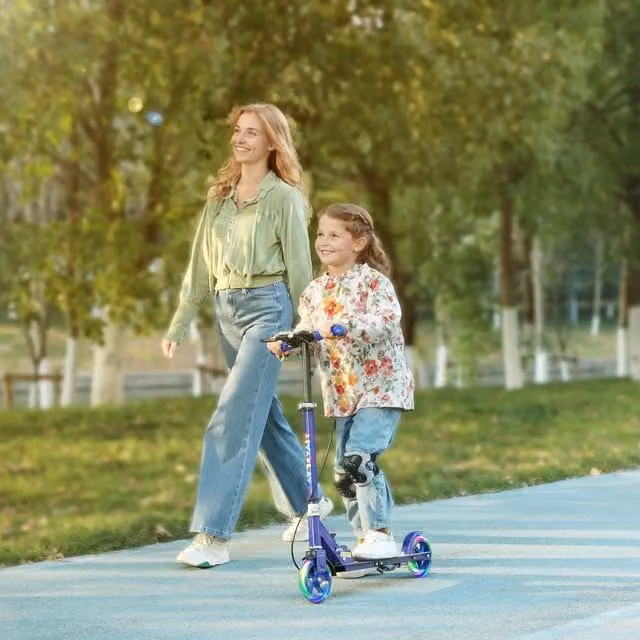 AIYAPLAY Foldable Scooter for Kids with Adjustable Handle and Light-up Wheels, Blue