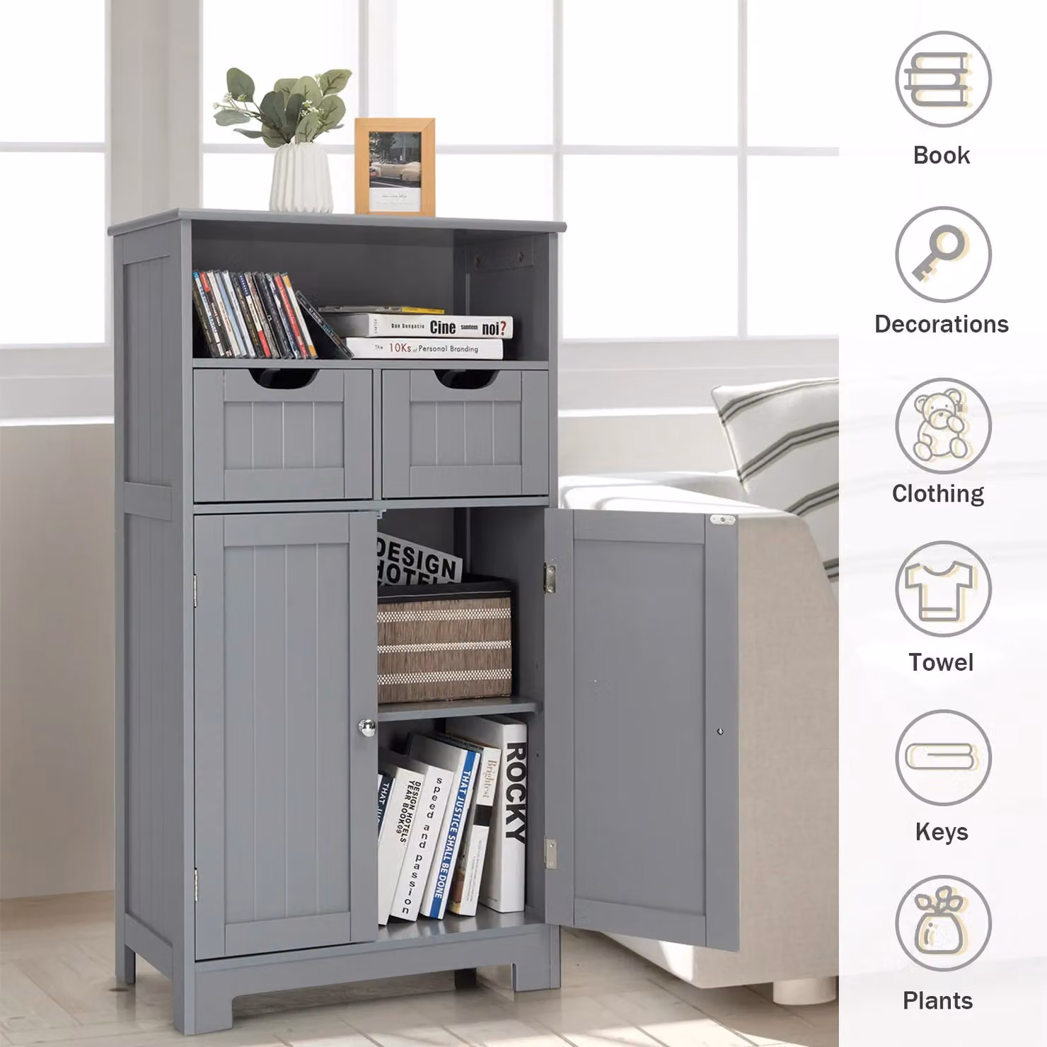Costway Grey Wooden Freestanding Cupboard Cabinet with Internal Shelves and Drawers for Bathroom, Bedroom, Living Room or Kitchen – 5