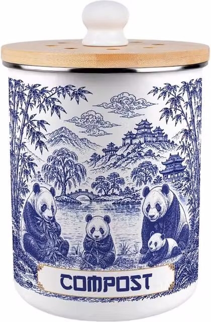 Purely Home Forest Pandas Metal Compost Caddy with Flip Lid, 2L, Blue and White