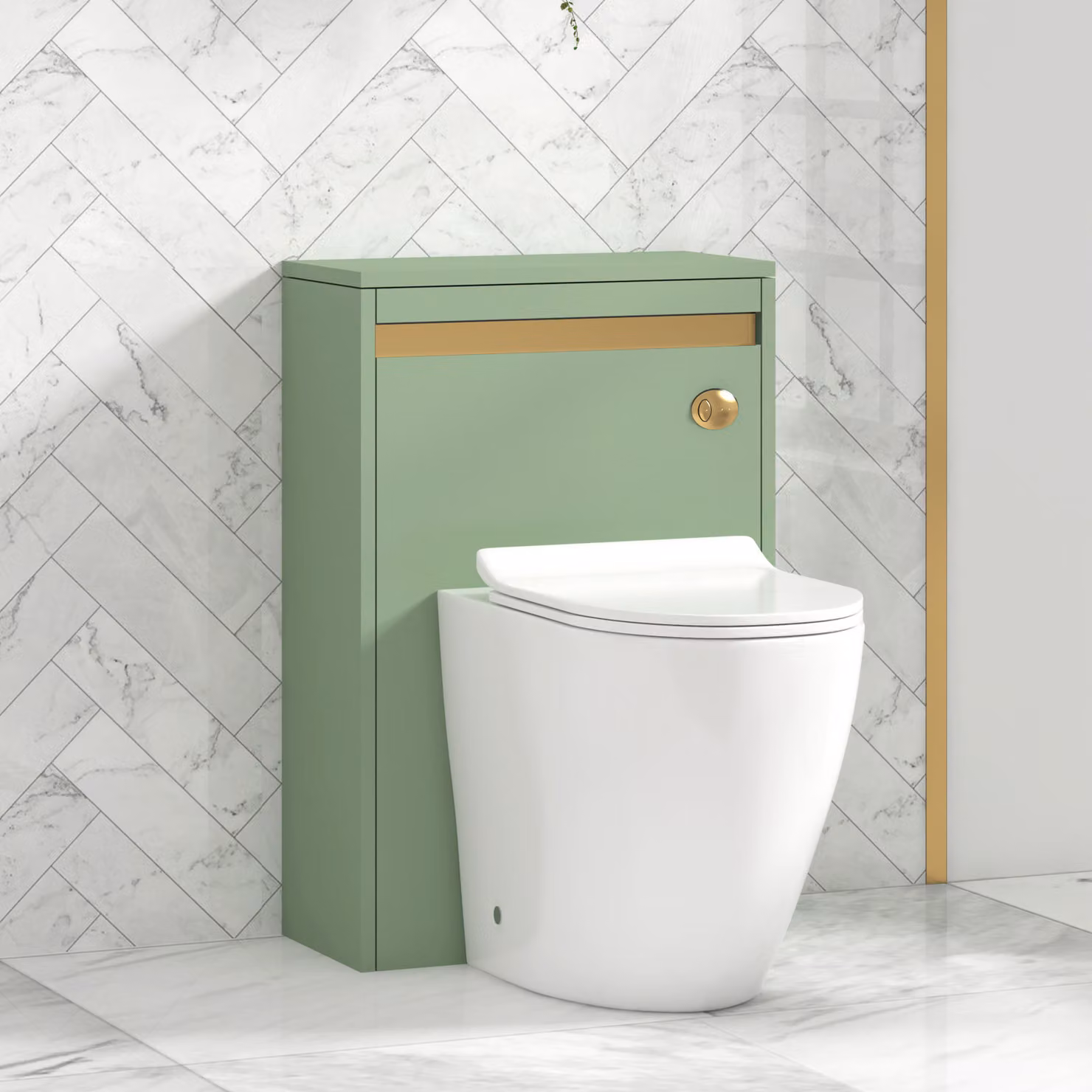 Royal Bathrooms Orion 540mm Mint Sage BTW WC Unit with Elva Rimless Short Projection Toilet Pan, Slim Seat and Cistern with Brushed Brass Accent Trim