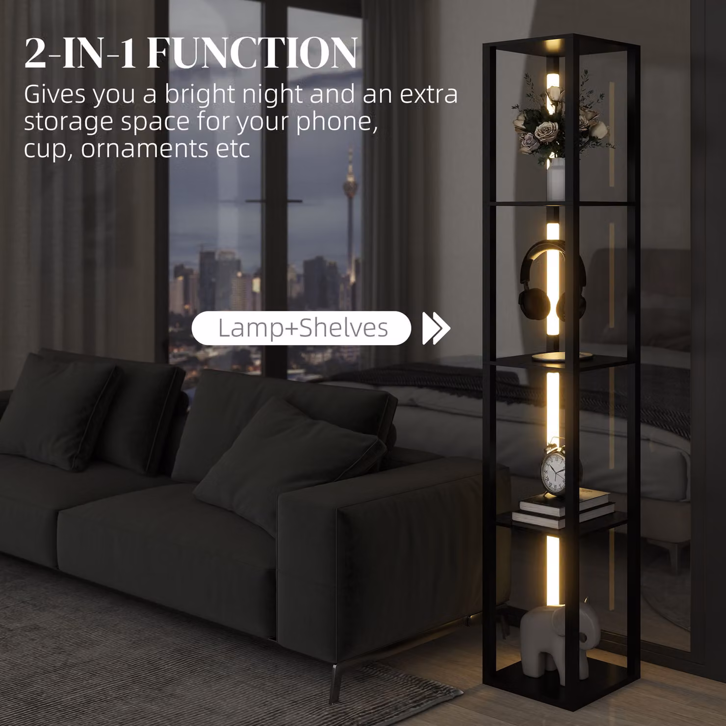 HOMCOM Modern Black Floor Lamp with 4 Shelves, Dimmable LED Column Lamp with 3 Brightness Levels and Foot Switch – 4