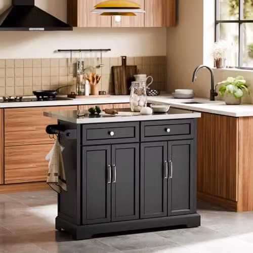 SoBuy Kitchen Island on Wheels with Extendable Worktop and Adjustable Shelves in Black, W/D/H: 92 x 46 x 115 cm – 2