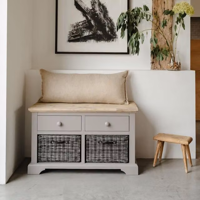 Florence Storage Bench with 2 Baskets in Dove Grey