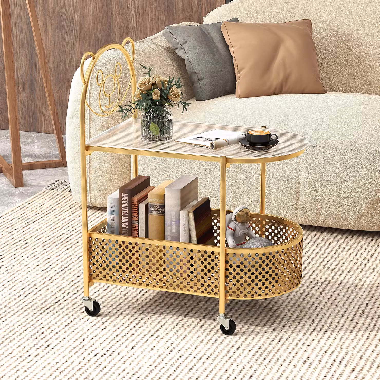 Costway Modern 2-Tier Mobile Glass Coffee Table with Castors in Gold – 2