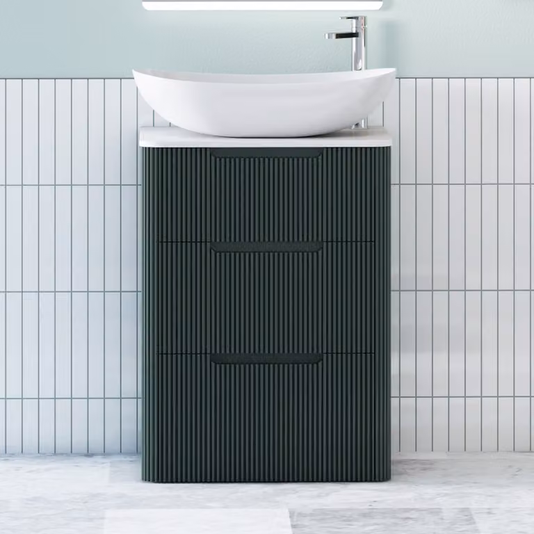 Royal Bathrooms Avenza Floor Standing 3 Drawer Vanity Unit in Moss Green with Plain White Worktop and Cesar Basin
