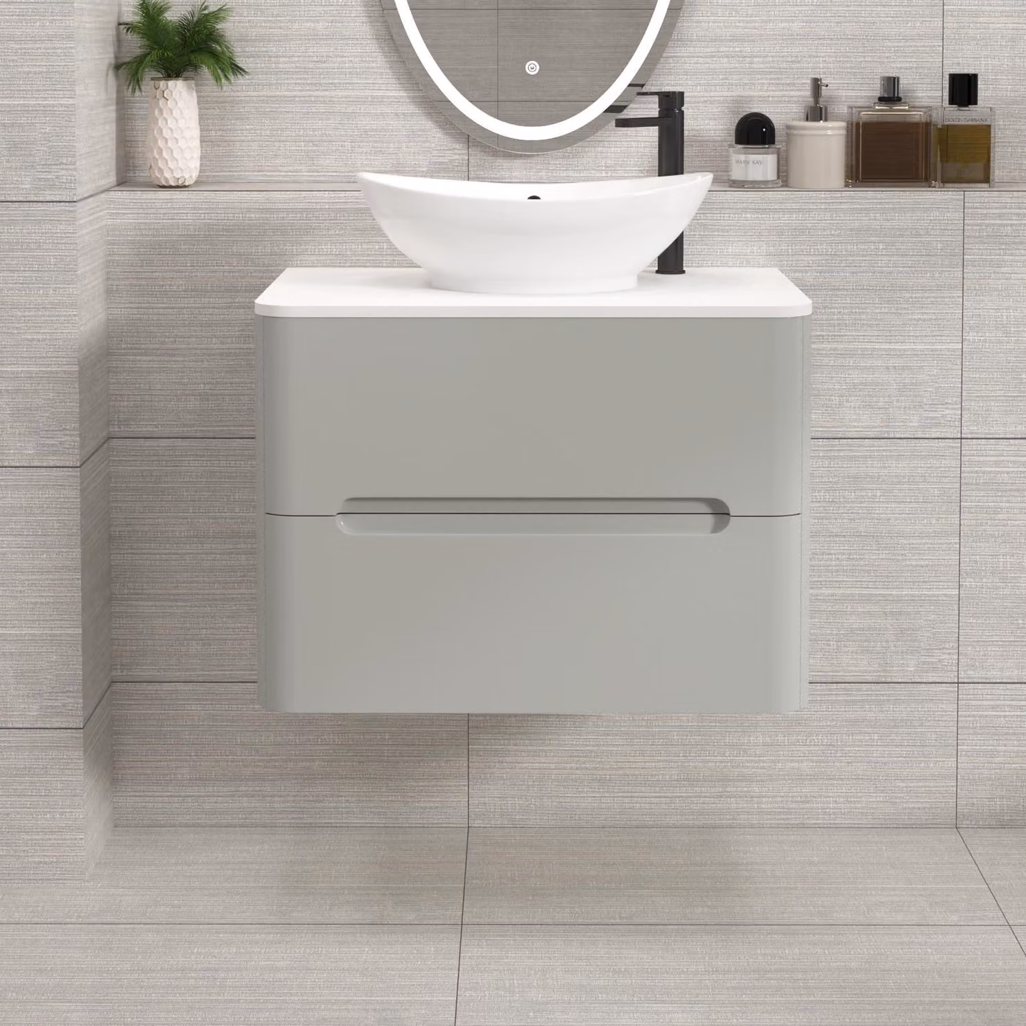 Royal Bathrooms Venice 700mm Wall Hung Vanity Unit in Dove Grey with 2 Drawers, Plain White Worktop and Amaze Basin