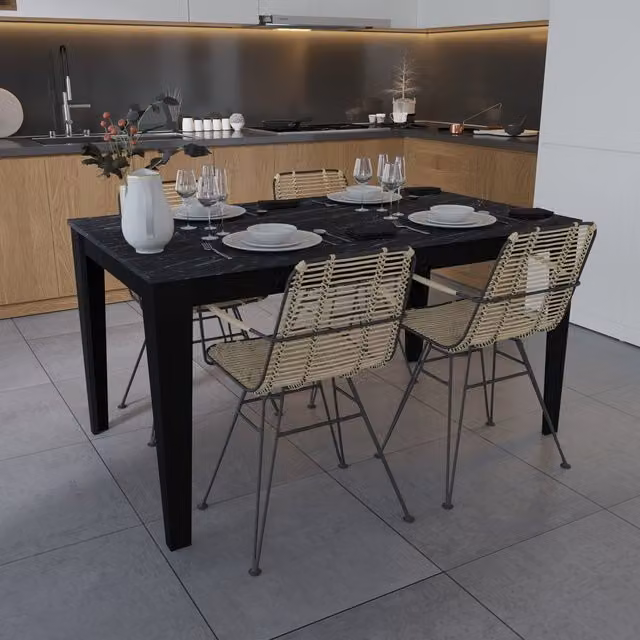Decorotika Bud Modern Rectangular Dining Table in Black Glossy MDF with Black Marble Effect, W/D/H: 145 x 85 x 75 cm