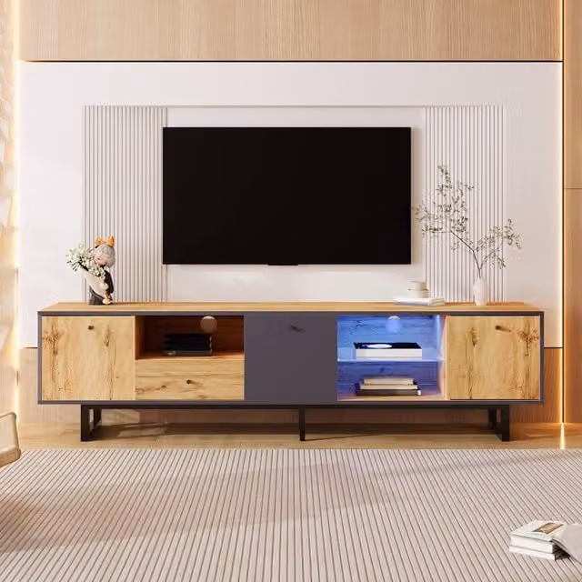 Rolipo Modern Industrial TV Stand with Integrated LED Lights, Wood and Anthracite Grey Lowboard, Width: 190 cm