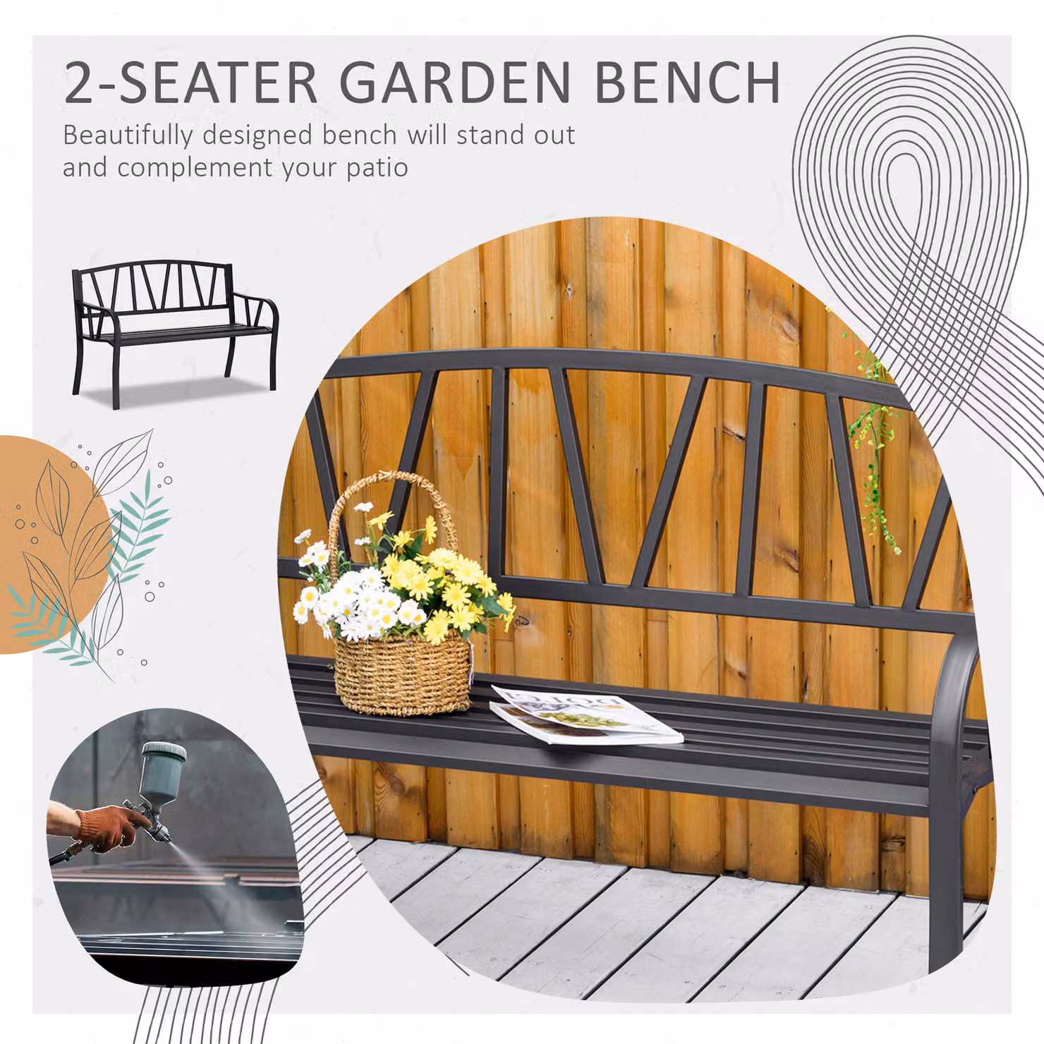 Outsunny 2 Seater Metal Garden Bench in Black with Armrests and Decorative Backrest – 4