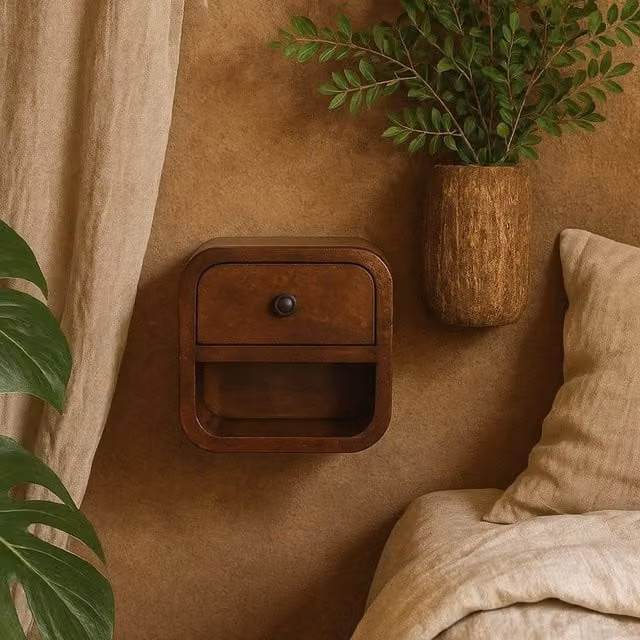 Wyld Haus Cagliari Small Curved Chestnut Bedside Table with Drawer and Open Shelf in Brown – 1