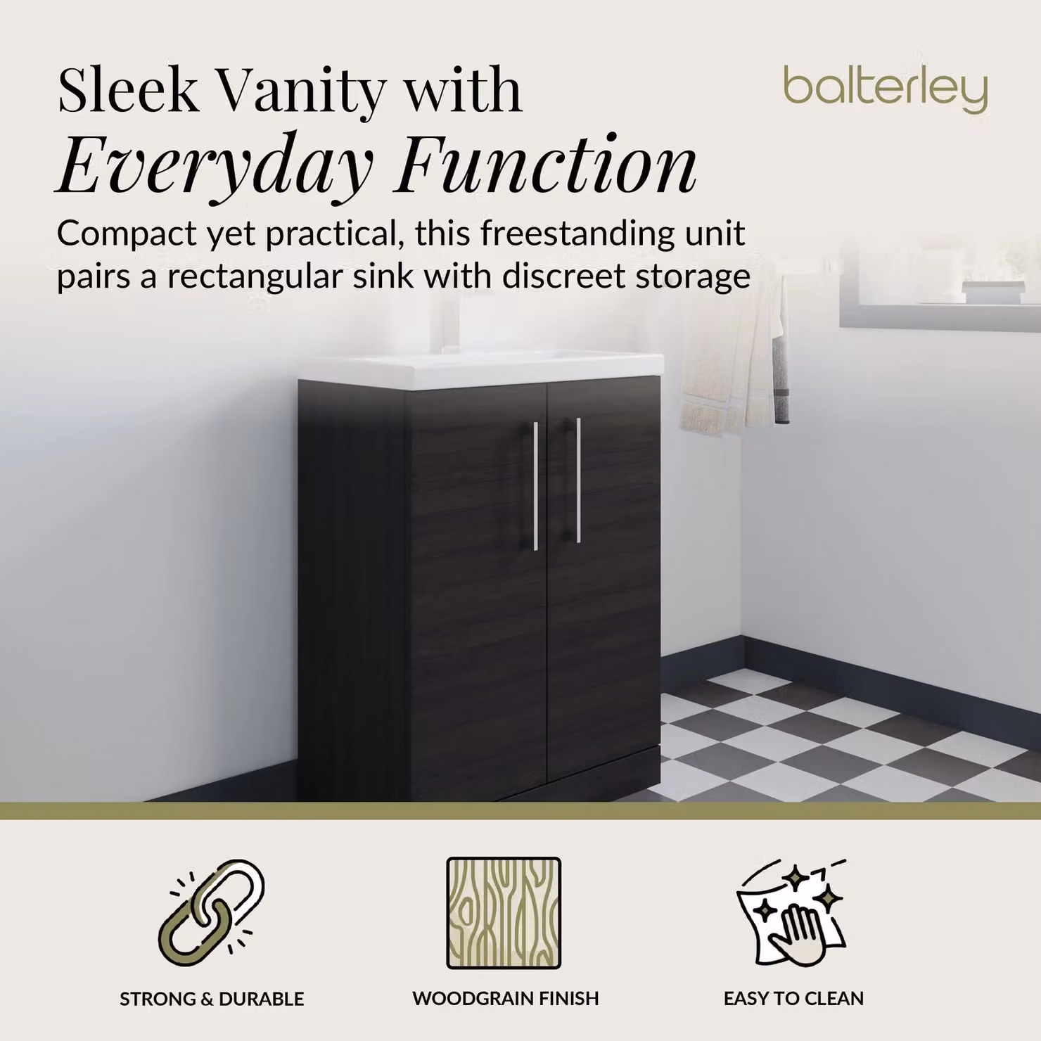 Balterley Modern Black Wood Freestanding Bathroom Vanity Basin Unit with Soft Close Hinged Doors and Chrome Handles W: 50 cm, H: 84 cm, D: 50 cm – 2