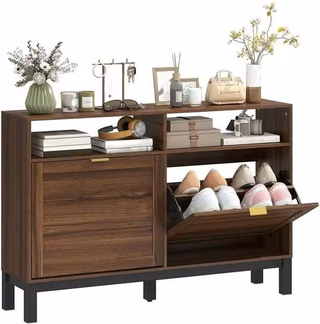 Havendro Modern Brown Narrow Shoe Cabinet with 2 Tilting Compartments and Open Shelf – 1