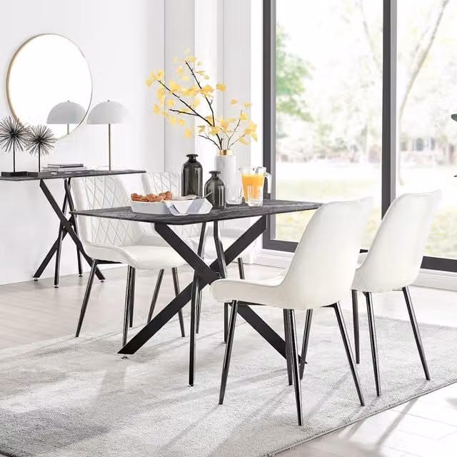FurnitureboxUK Leonardo Grey Glass Marble Effect Rectangular Dining Table and 4 Pesaro Black Leg Chairs in Cream