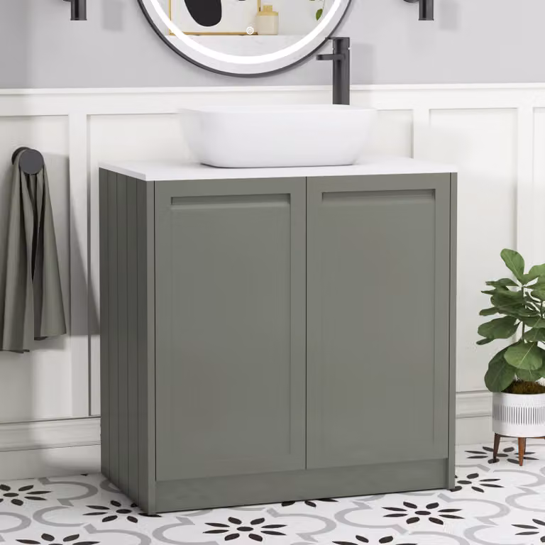 Royal Bathrooms Elmore 800mm Floor Standing 2 Door Vanity Unit in Matt Green with Plain White Worktop and Elva Basin