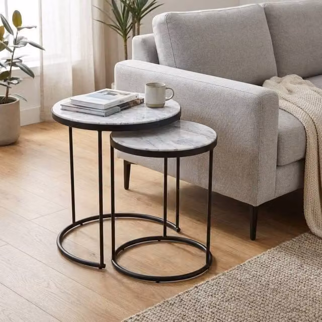 Garden Greatness Duo Marble Top Nesting Side Tables in Brown