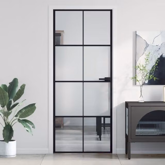 Berkfield Home Slim Interior Door in Black with Transparent Tempered Glass and Aluminium, W: 83 cm, H: 201.5 cm