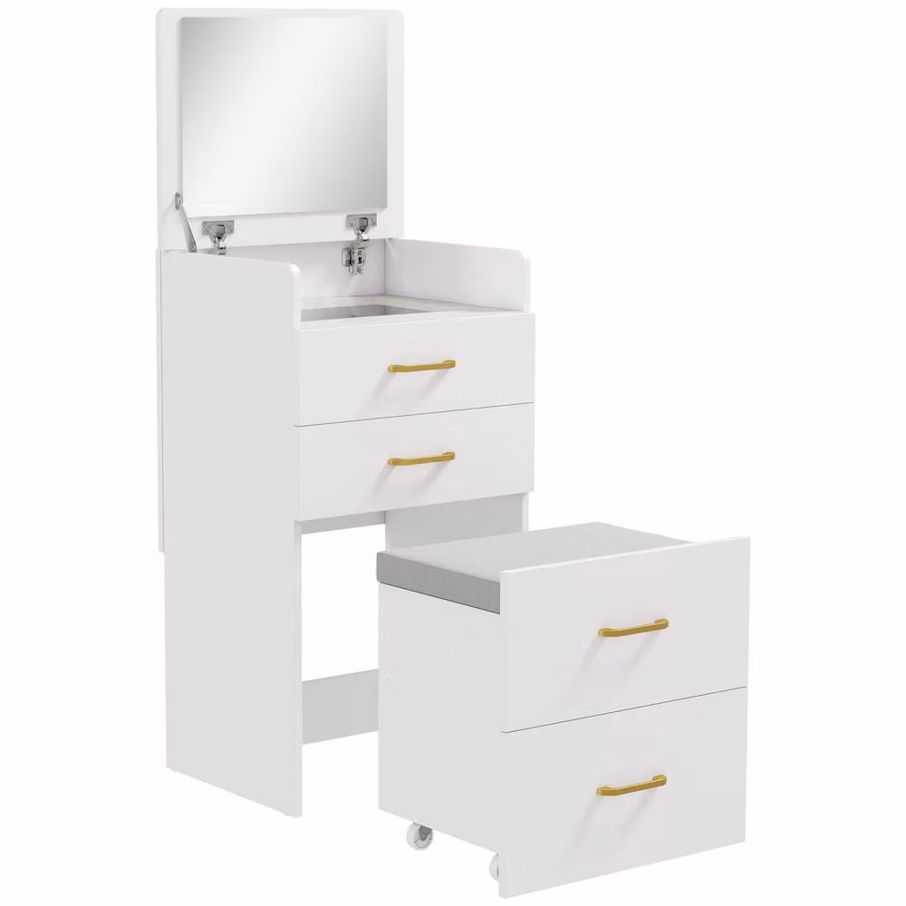 Wyld Haus Yova White Compact Dressing Table and Stool Set with Mirror and Storage, W/D/H: 90 x 40 x 48 cm – 2