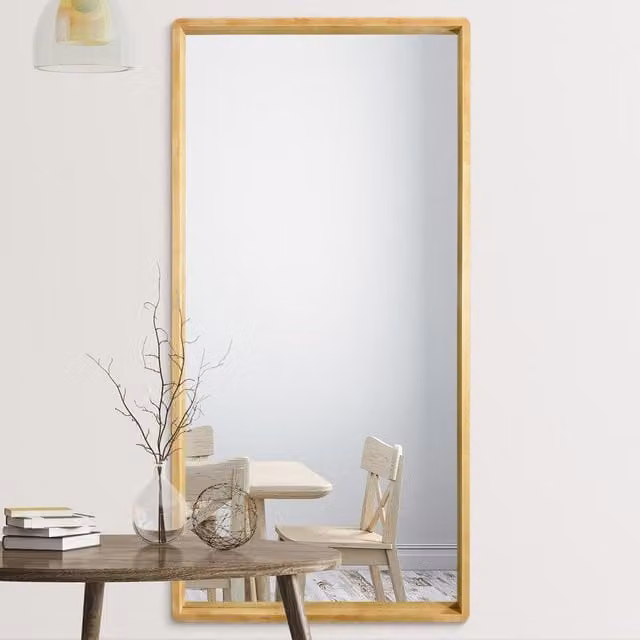 MirrorOutlet Scandinavian Solid Oak Rounded Corner Leaner Wall Mirror in Brown