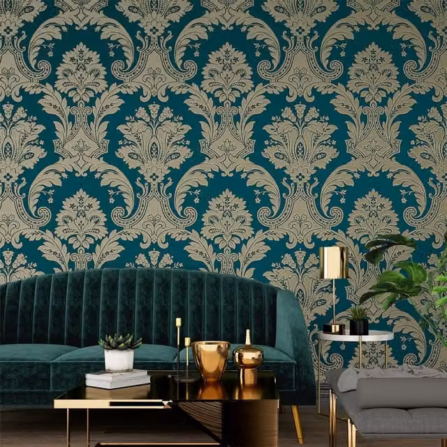 Belgravia Decor Amara Damask Floral Vinyl Wallpaper in Green and Gold