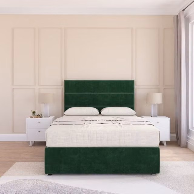 Sloomy Texas Plush Velvet Memory Foam Bed Set with Headboard and Hybrid Mattress in Green, Super King Size (200 x 200 cm)