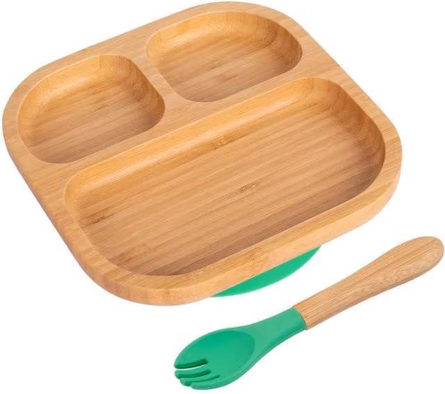 Tiny Dining Bamboo Segmented Baby Weaning Plate and Fork Set in Green