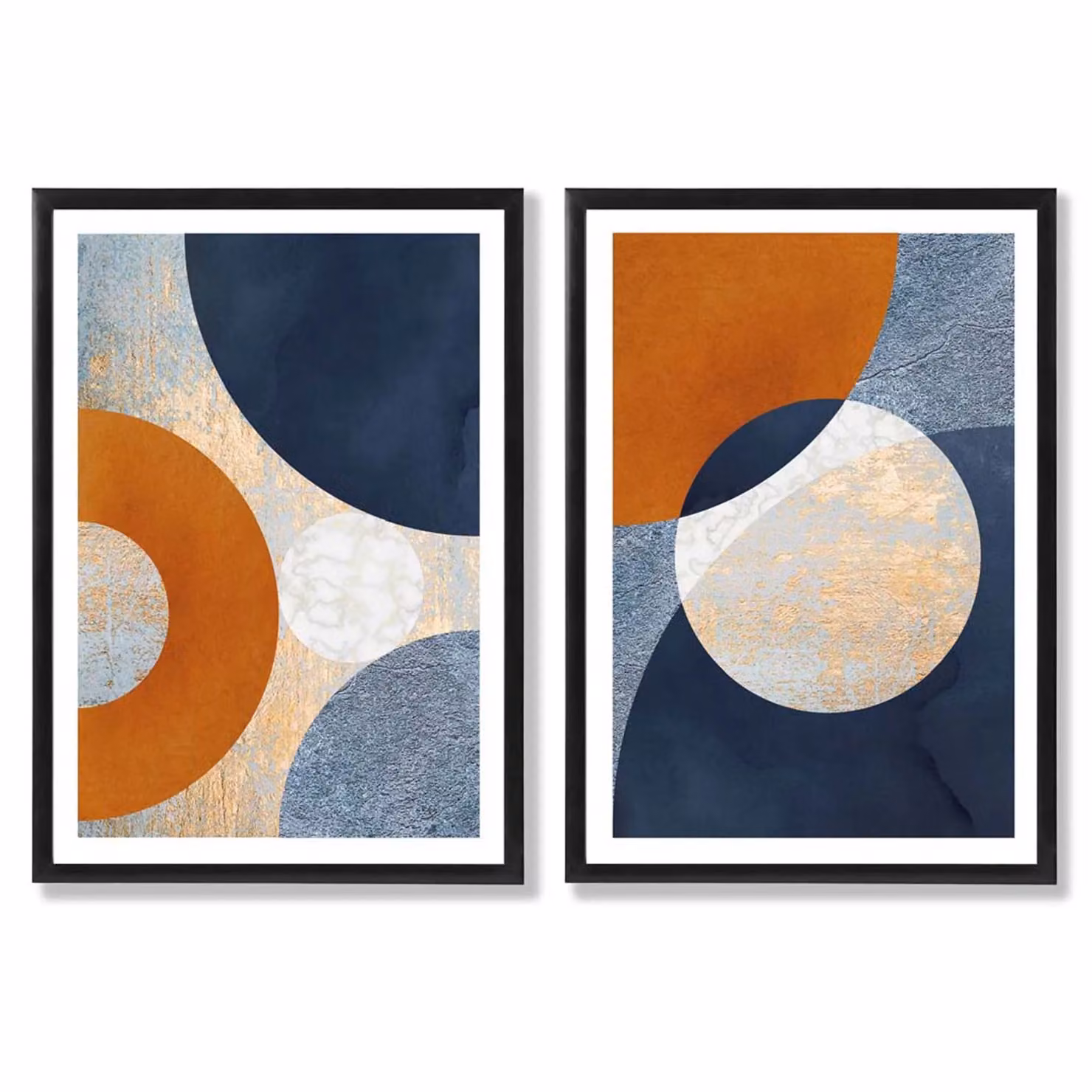 ARTZE Set of 2 Abstract Geometric Mixed Media Art Prints in Black Frames, Blue and Orange, W: 50 cm, H: 70 cm – 2