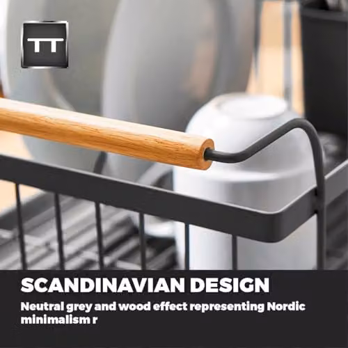 Tower Scandi Dish Drainer Rack with Removable Drip Tray and Cutlery Holder, Grey with Wood Effect Handles, W/D/H: 32.0 x 19.0 x 48.0 cm – 3