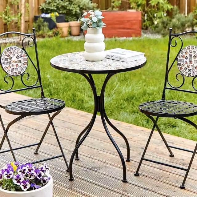 Wyld and Coco Gardenia 2 Seat Bistro Set with Black Powder Coated Steel Table and Folding Chairs – 1