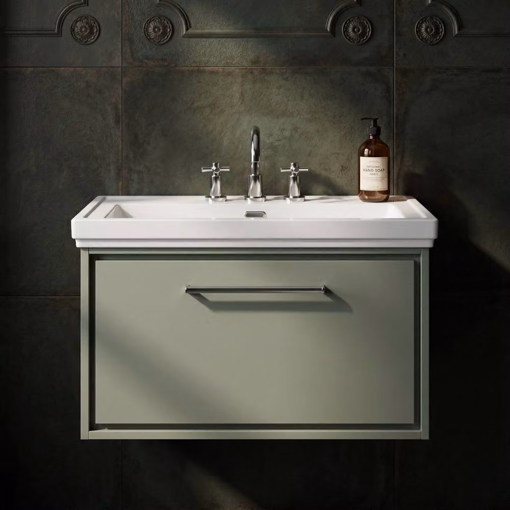 Balterley Modern Wall Hung Single Drawer Bathroom Vanity with Matt Green Fireclay Basin, Width: 80 cm – 2