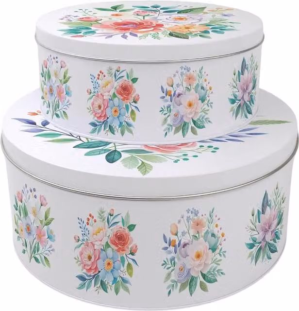 Purely Home Round Floral Bouquet Cake Tin Set in Multicoloured and White