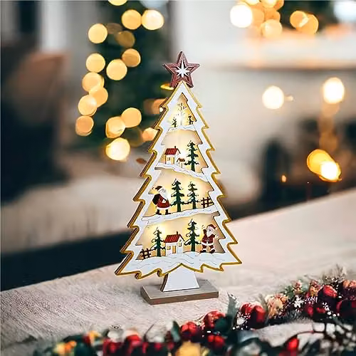 St Helens Home & Garden Xmas Haus Natural Wood LED Light Up Christmas Village Tree Scene, Brown and White, W/D/H: 18.5 x 18.5 x 18.5 cm – 2