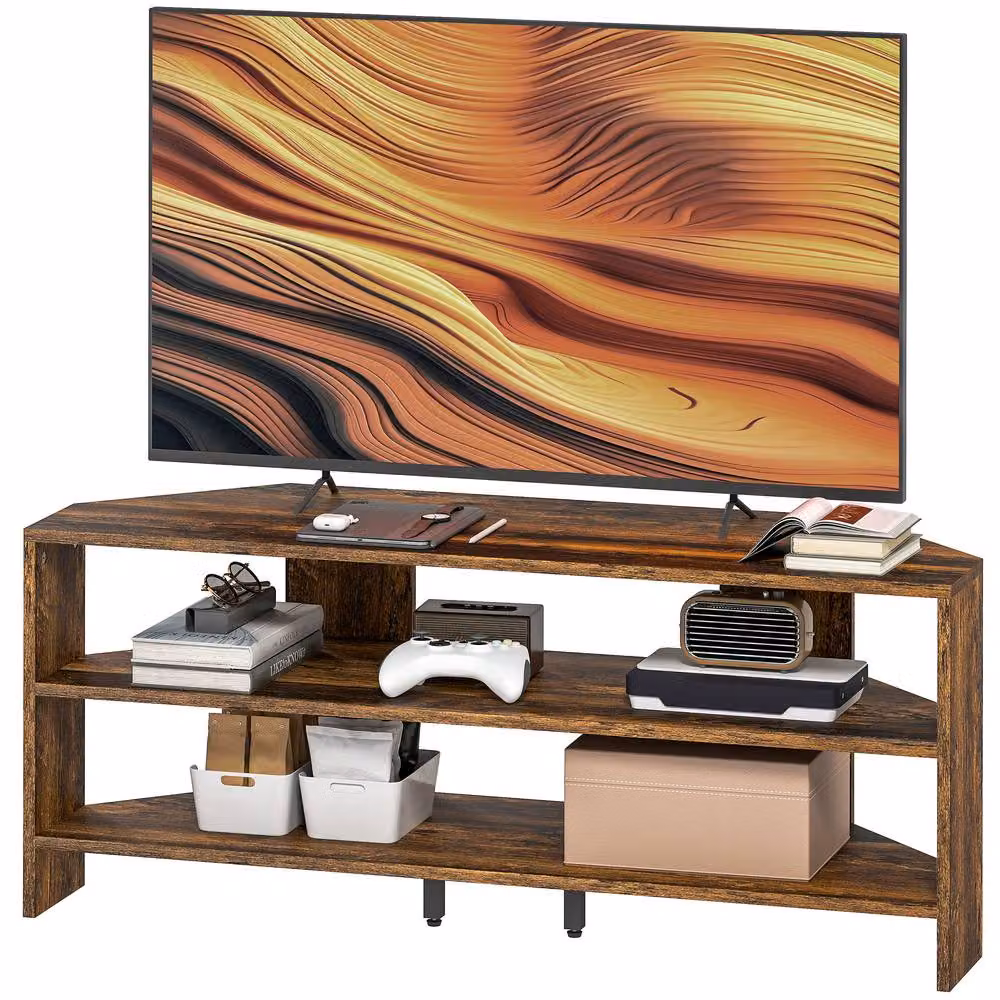 STILVORA Modern Corner TV Stand in Dark Brown with 2 Open Shelves for 47 Inch TVs – 5